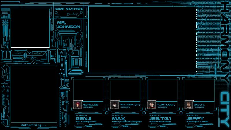 Harmony City — cyberpunk overlay with neon city framing and holographic UI elements