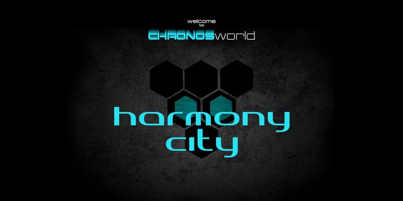 Harmony City — cyberpunk city splash with neon skyline and branded overlay