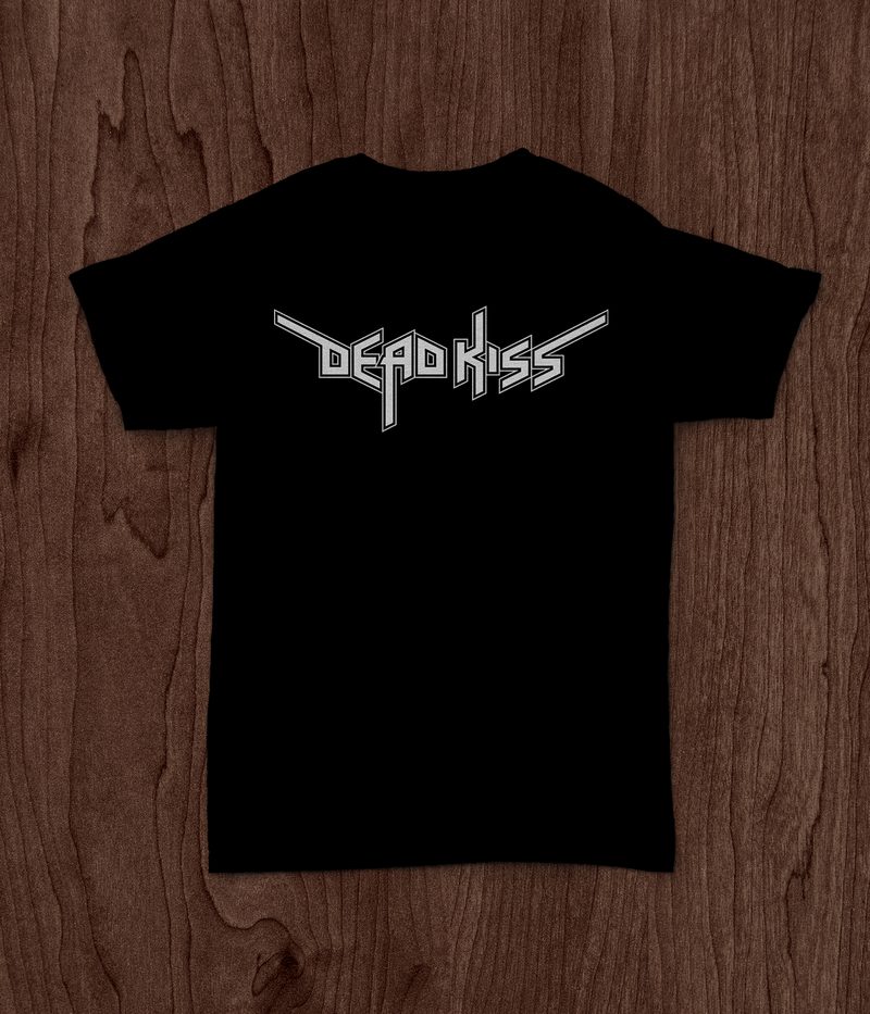 Presentation mockup — the white variant placed on a black tee to check the mark at chest width, where the blades thin out to the narrowest strokes in the design