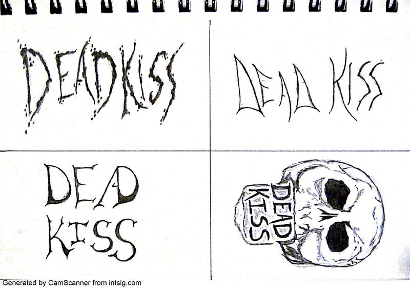 Round one, all four directions on one page — dripping eroded caps, a thin spiked gothic with concave strokes, a rough two-line stack, and a shaded skull with the band name carved into a banner across the brow