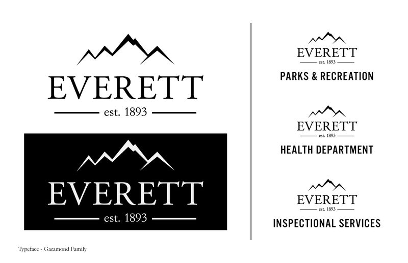 Mountain system — the primary lockup, a reversed version on a solid black field, and three departmental variants for Parks & Recreation, Health Department, and Inspectional Services, all set in Garamond