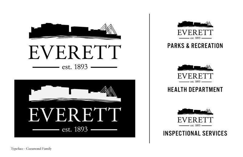 Skyline system — the same three-part treatment built on the downtown silhouette, showing the mark holding up reversed and at the reduced size the departmental lockups demanded