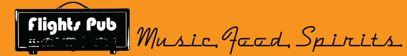 Horizontal banner lockup — the amp-head mark paired with "Music, Food, Spirits" in a loose connected script, set on the brand orange for use as a site header and social cover