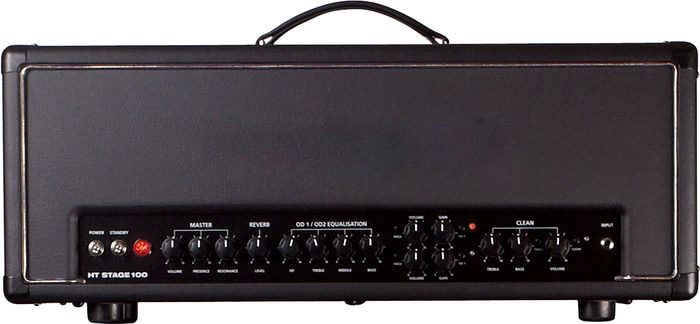 Blackstar HT Stage 100 — the head that set the proportions for the mark, a wide black cabinet with a recessed control panel and a strap handle across the top
