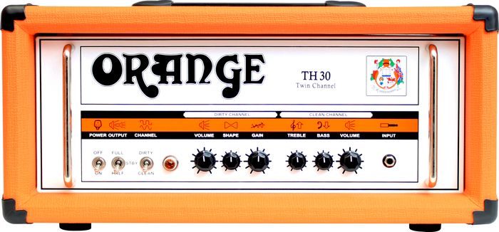 Orange TH30 — the source of the palette, a saturated orange tolex cabinet with black corners that the banner background color was pulled from