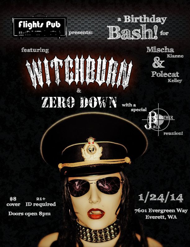 Birthday Bash poster, January 24, 2014 — Witchburn and Zero Down with a Brother Jack reunion, the amp-head logo locked to the top left, distressed metal lettering over a dark textured field, with cover price, age restriction, door time, and the Evergreen Way address stacked along the bottom