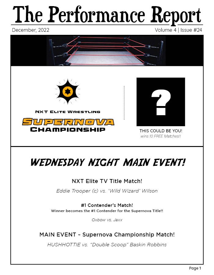 NXT Elite Wrestling — The Performance Report, front page of the December 2022 issue: masthead over a darkened ring shot, the Supernova Championship card, and a recruitment panel offering a reader the open contender's spot