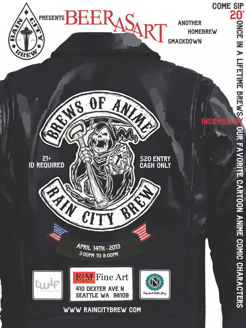 Brews of Anime — the follow-up event, April 2013. Center patch illustration by Alex Pascual; poster design and layout by John Eldridge