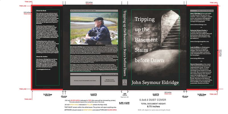 Dust jacket layout on the Balboa template — the same front and spine extended to 8.75 inches with 3.25-inch flaps, grey boxes marking where the press drops its own caption, logo and barcode, and the contributor biographies set down the back flap
