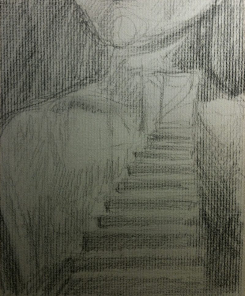 Griffiths study — the upward view again, softer and more diffuse, the stair edges left as bare paper so the light does the drawing