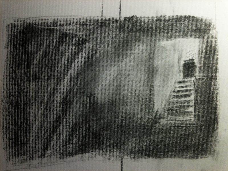 Griffiths study — the arch squared up inside ruled crop marks with a small dark figure standing at the head of the stairs, the one version that puts a person in the frame