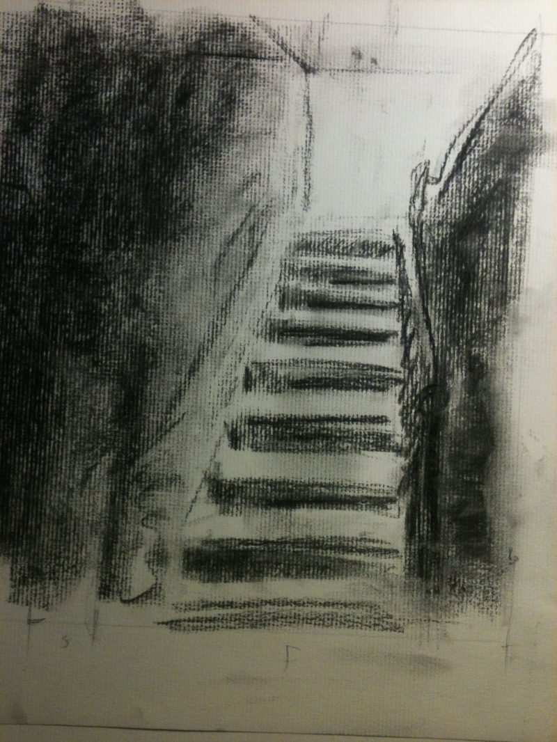 Griffiths study — the competing viewpoint, looking straight up a flight toward daylight with heavy charcoal closing in on both sides
