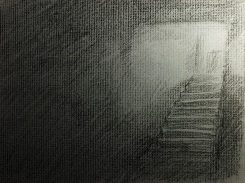 Griffiths study — back to the arch and now mostly about tone, the room reduced to a graded wash with the treads holding the only hard marks