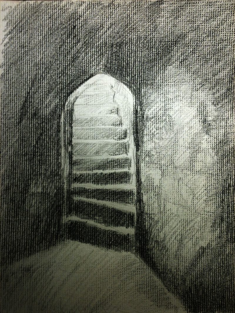 Griffiths study, near final — the arched opening resolved, light pooling on the floor and the stair rising into shadow, essentially the drawing that went on the cover