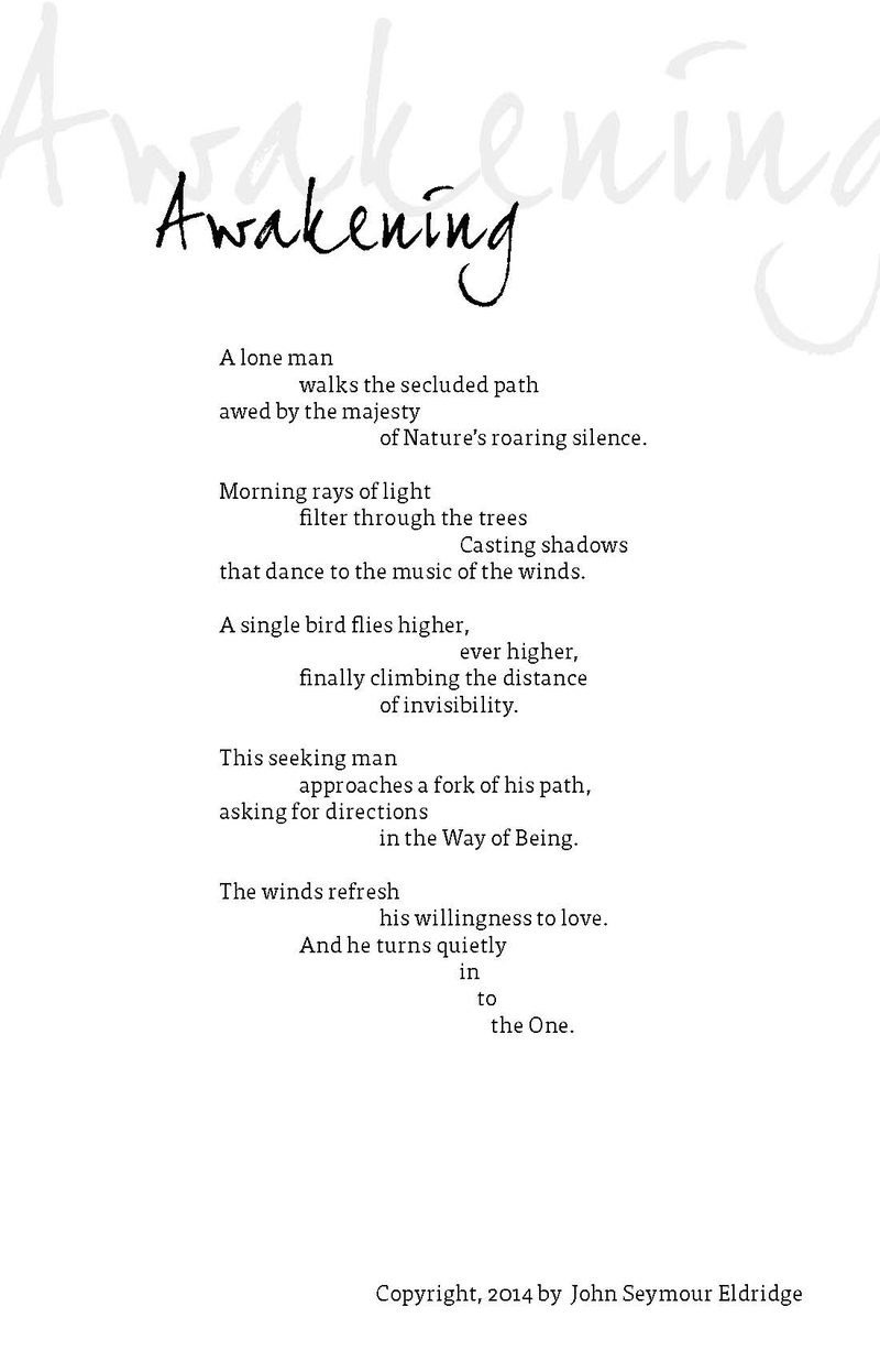 Interior page proof — "Awakening" titled in a handwritten script with an oversized pale repeat of the same word bleeding off the head of the page, the poem set in Tisa Pro and stepped across the measure to hold my father's own line breaks