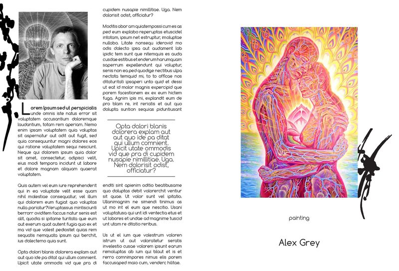 Feature spread — a monochrome portrait and greeked columns on the verso, a full-page colour reproduction of the subject's painting on the recto, ink-splatter marks bleeding off the outer edge